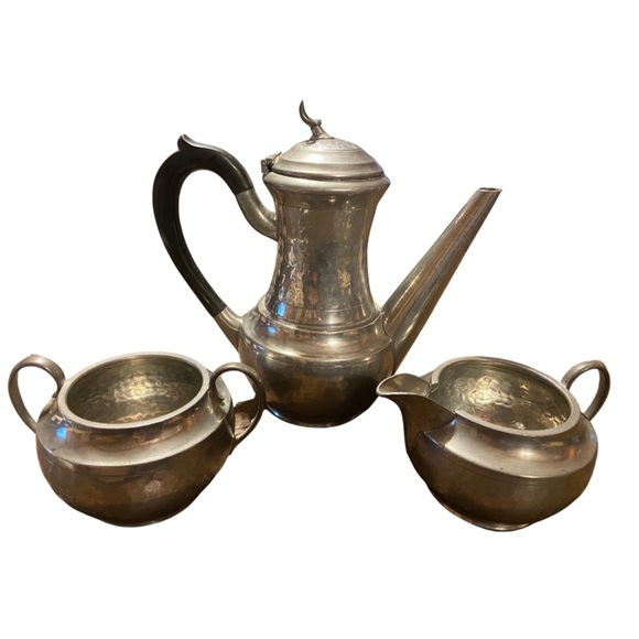 Cheltenham Sheffield England Pewter Tea Coffee Pot , Sugar, Creamer Hand Beaten - Picture 1 of 5